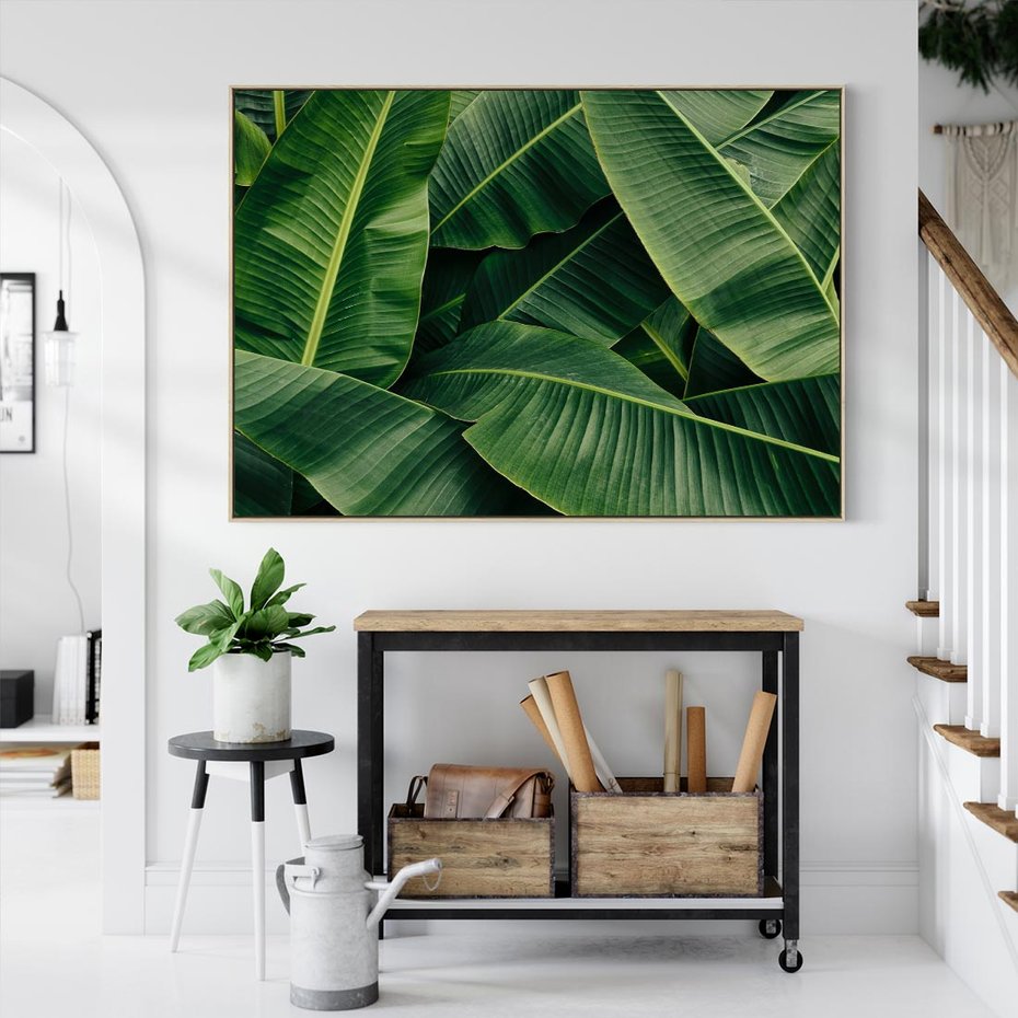 Obraz w ramie 100x70 - Zaklęta roślinna ekspresja - liście bananowca, gęsto ułożone - rama drewno