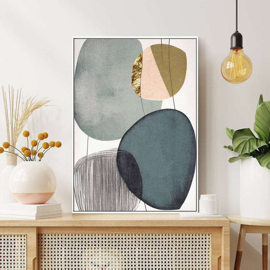 Obraz w ramie 70x100 - Przenikające Formy Duszy - abstrakcyjny obraz, geometryczne obłe formy - rama biała