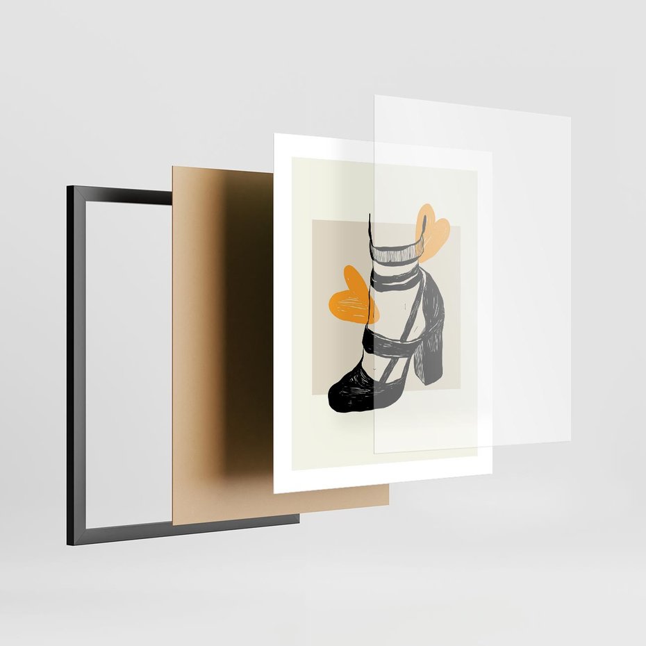 Plakat w ramie 40x50 - Elegancja w Szkicu: Stopa w Bucie na Obcasie - grafika, czarny szkic - rama czarna