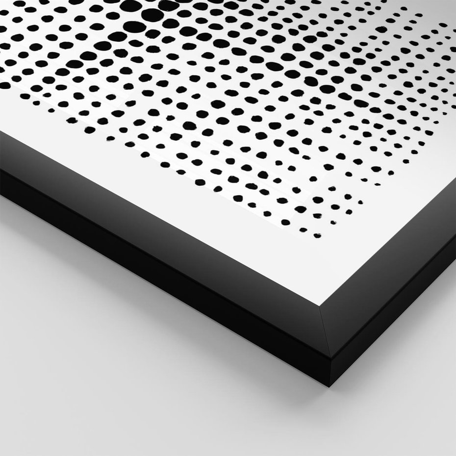 Plakat w ramie 30x40 - Refleksje Monochromatycznych Widoków - abstrakcyjna kompozycja z czarnych kropek, minimalistyczny czarno bialy plakat - rama czarna