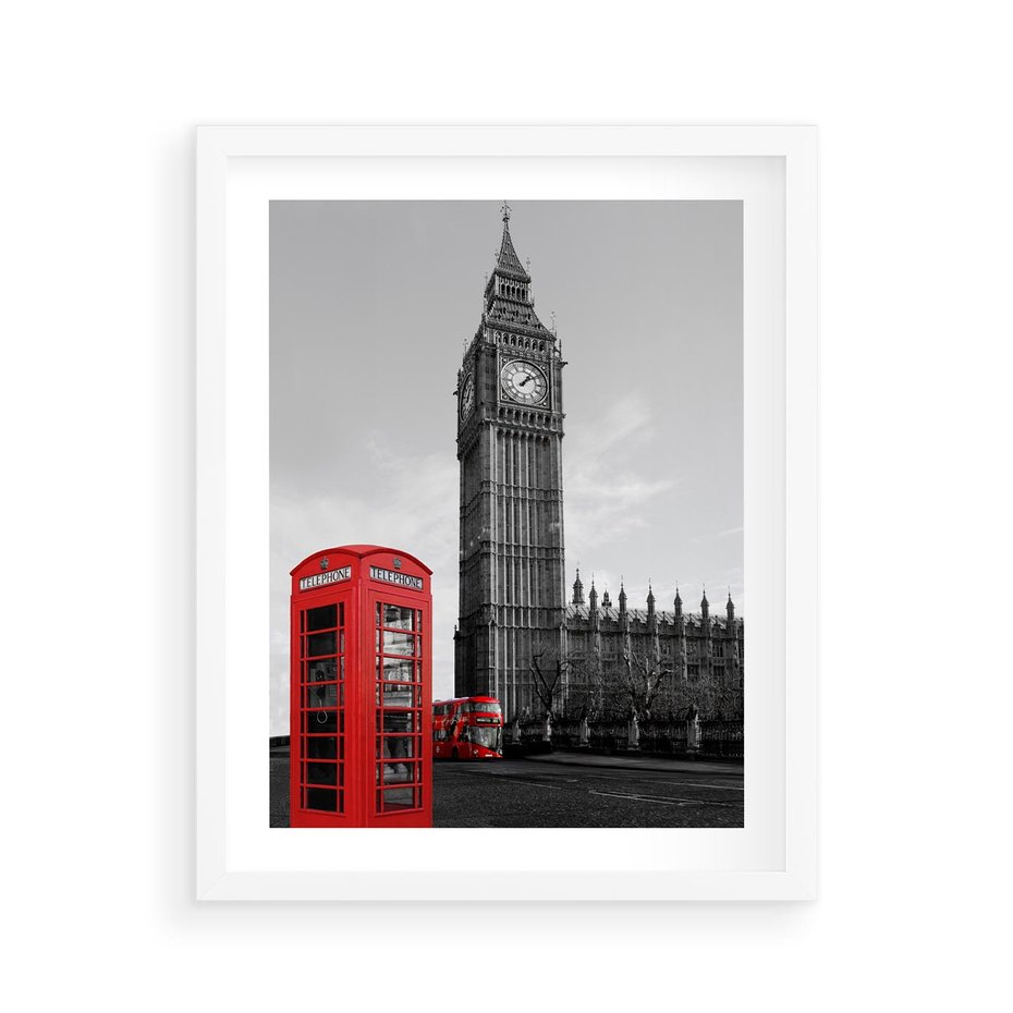 Plakat w ramie 40x50 - Budka telefoniczna przed Big Benem - budka, Londyn - rama biała