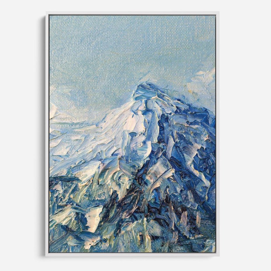 Obraz w ramie 50x70 - Majestat Błękitnych Szczytów - olejny obraz, górski pejzaż - rama biała