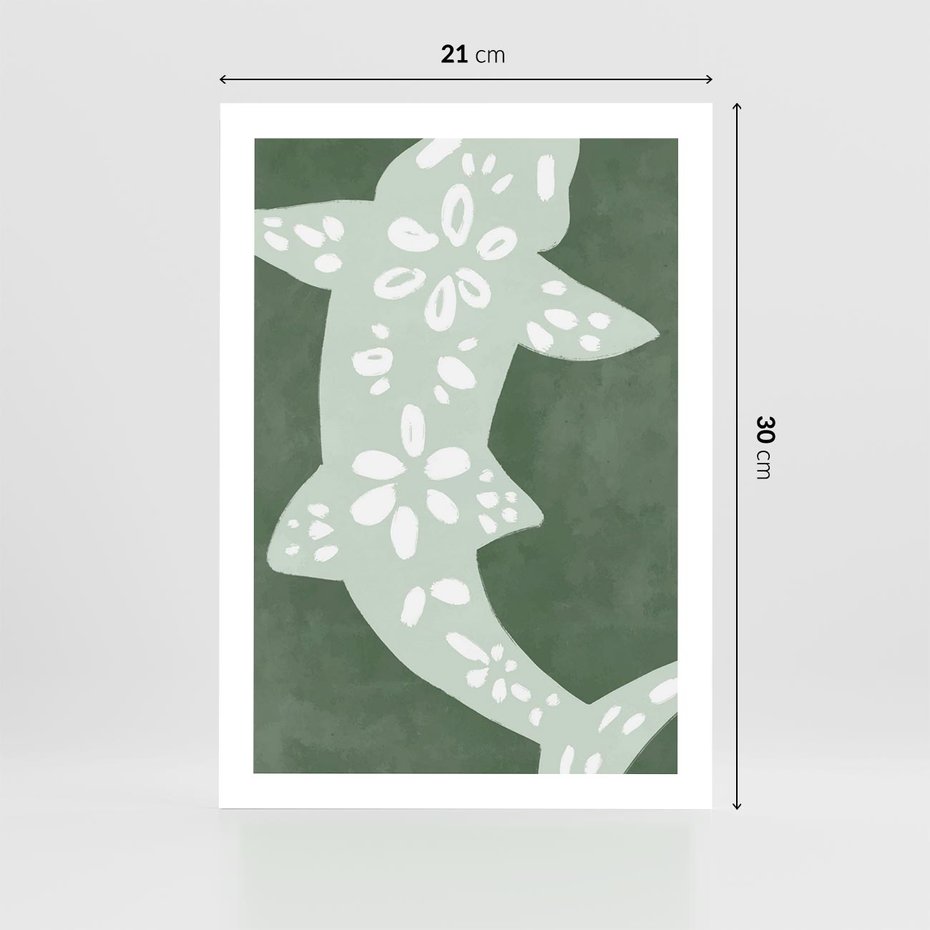 Plakat bez ramy 21x30 - Migotliwe Wibracje Zieleni - zielony plakat, abstrakcja przypominająca rybę