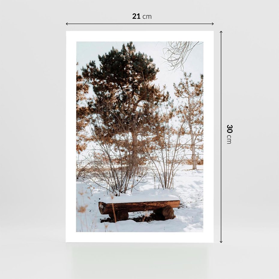 Plakat bez ramy 21x30 - Ławka Pod Śniegiem - zimowy pejzaż, ławka pod śniegiem