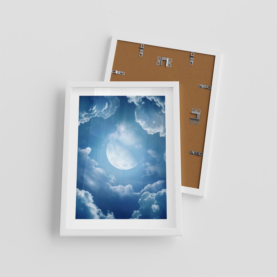 Plakat w ramie 30x40 - Księżycowe Chmury - księżyc, chmury - rama biała