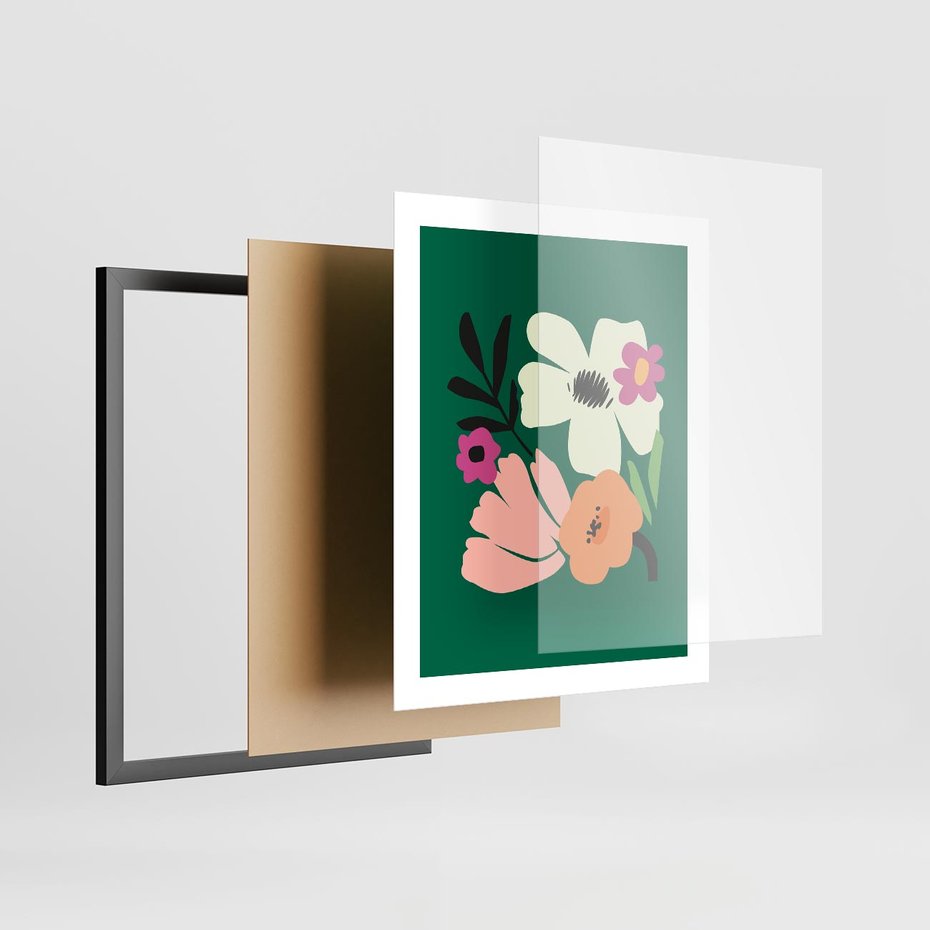 Plakat w ramie 40x50 - Rozbijające Echa - abstrakcyjne kwiaty, zielone tło - rama czarna