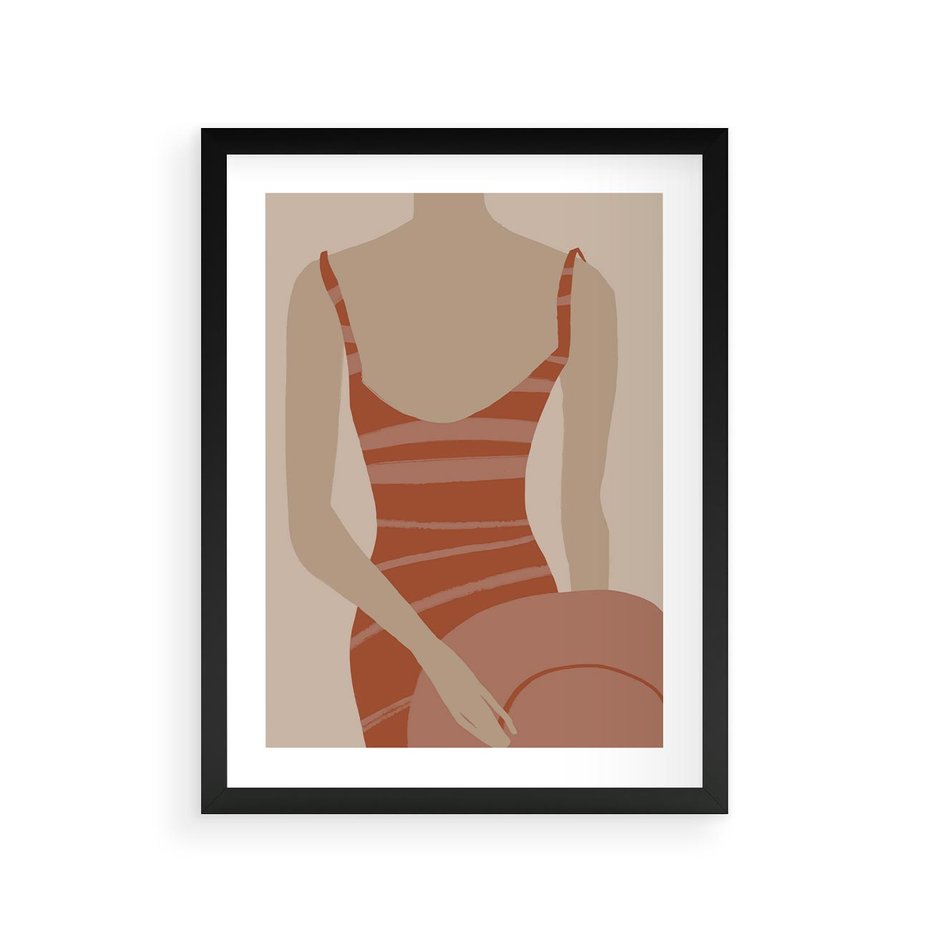 Plakat w ramie 30x40 - Kobiece Retro - minimalistyczny boho plakat, retro kobieta w stroju kąpielowym - rama czarna