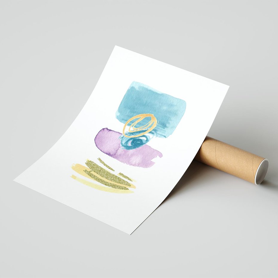 Plakat bez ramy 21x30 - Taniec Akwarelowych Kresek - akwarelowe plamy w odcieniach błękitu, złote kreski