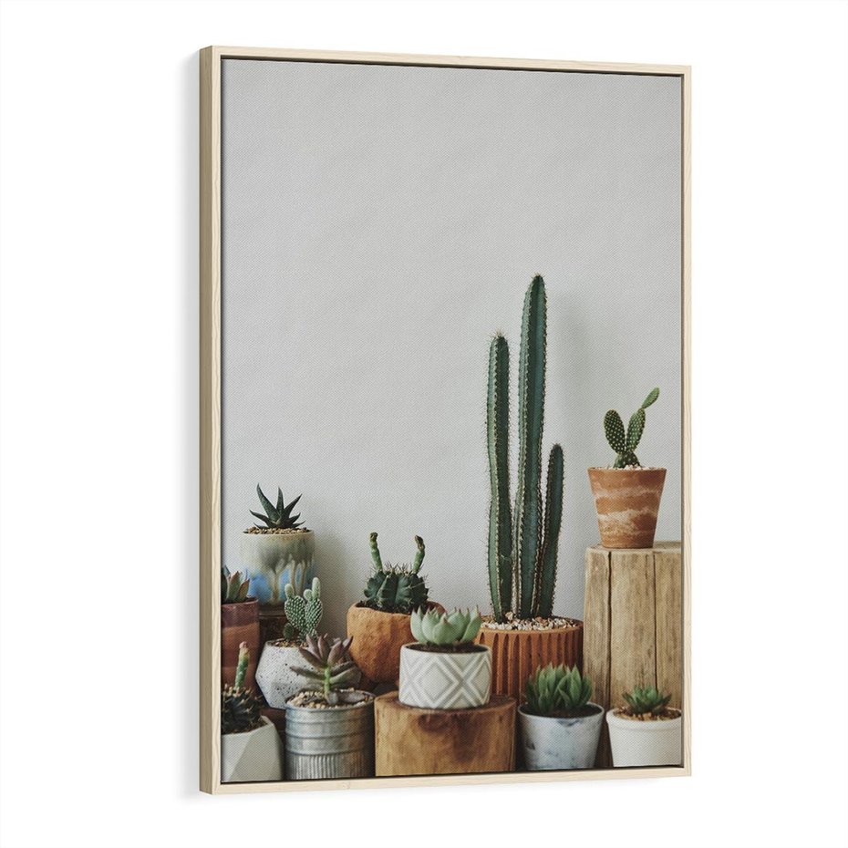 Obraz w ramie 80x120 - Naturalna Harmonia - kaktusy, liście - rama drewno