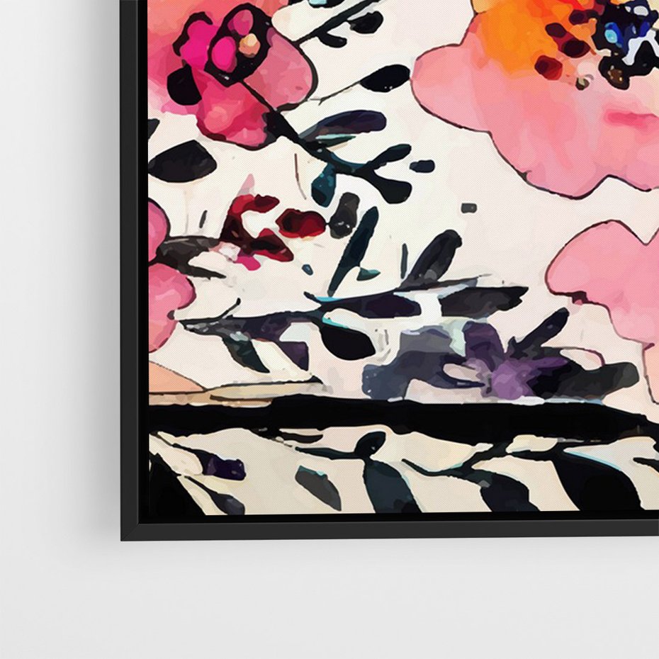 Obraz w ramie 50x70 - Opowieść w kroplach farb - akwarelowe kwiaty, mocna ornamentowa czarna ramka namalowana dookoła obrazu - rama czarna