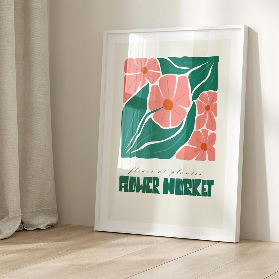 Plakat w ramie 50x70 - Retro Inspiracja - minimalistyczna kwiatowa kompozycja, pastelowe kolory - rama biała