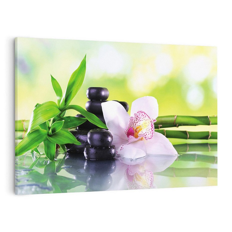Obraz na płótnie 120x80 - Oaza Spokoju: Bambus, Kwiaty i Kamienie w SPA - bambus, kwiat