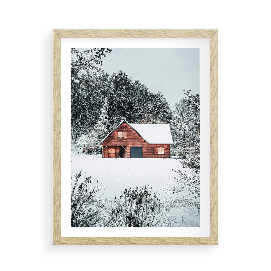 Plakat w ramie 50x70 - Domek w Górach Pokryty Śniegiem - domek w górach, śnieg - rama drewno