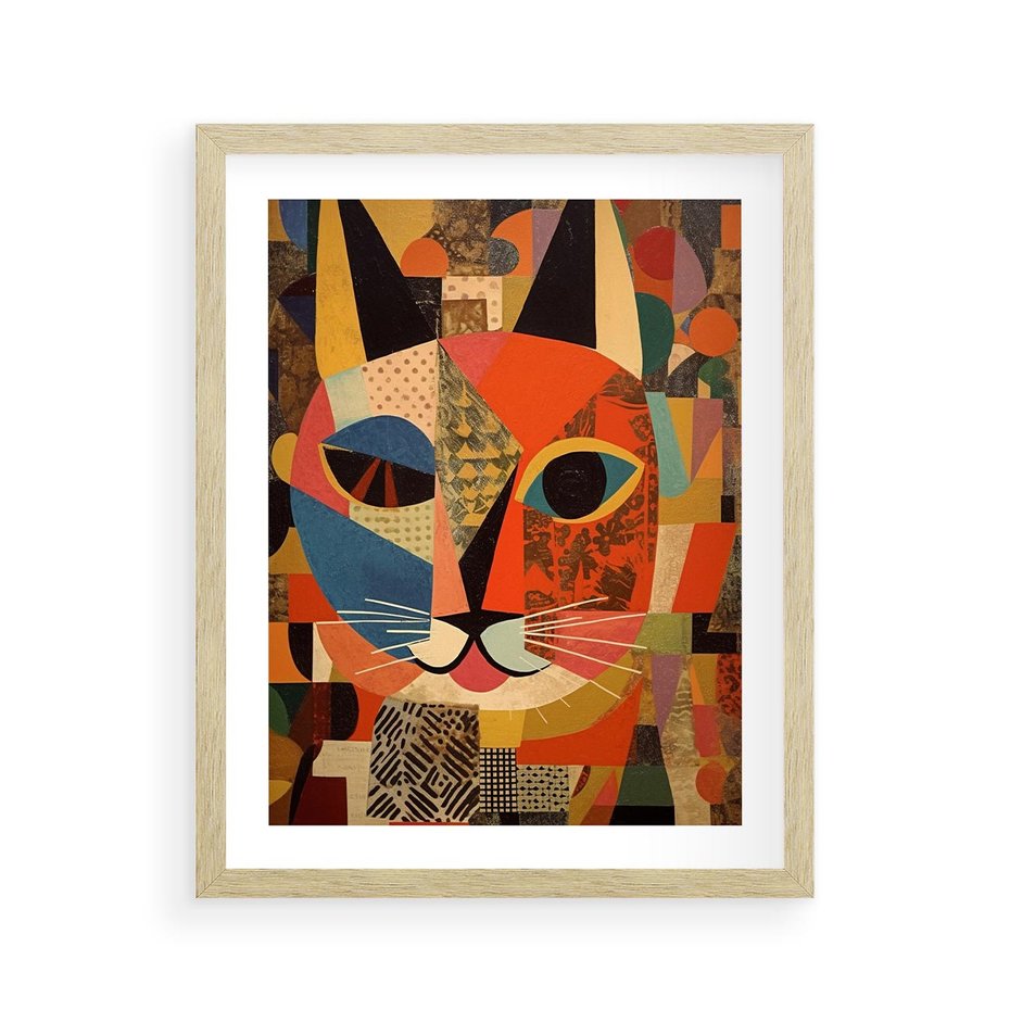 Plakat w ramie 40x50 - Impresje Nieznanych Odniesień - abstrakcyjny obraz olejny, kot - rama drewno