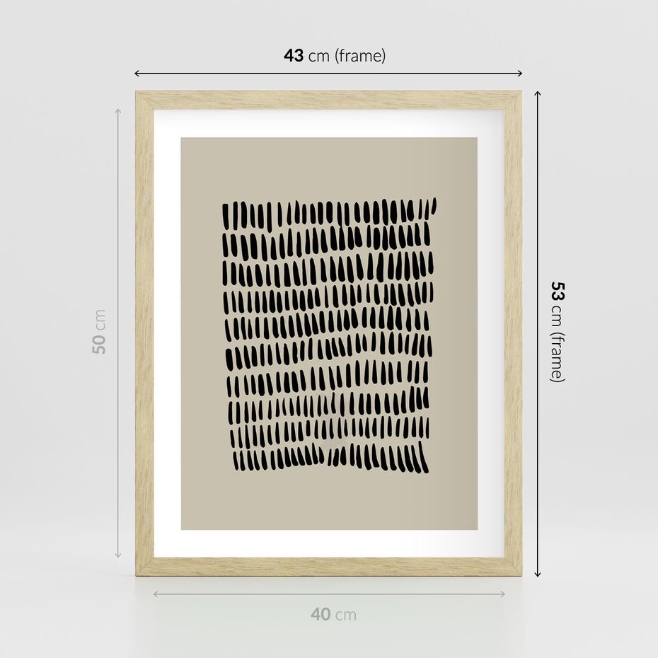 Plakat w ramie 40x50 - Energetyczne Pulsacje Nowości - boho plakat, czarne kropki kreski - rama drewno