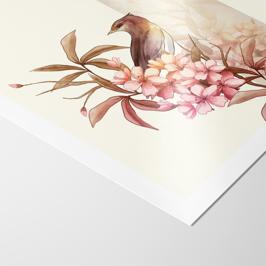 Plakat bez ramy 21x30 - Kwiatowe Zanurzenie - japońska sztuka, ptak