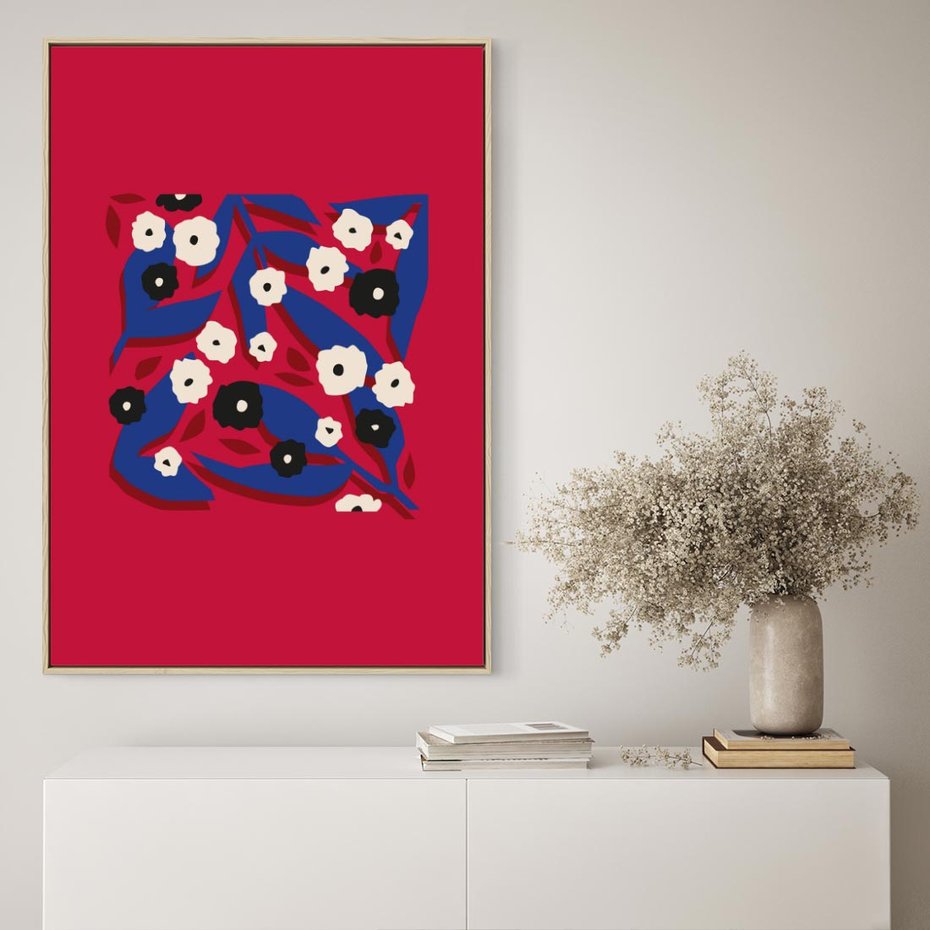 Obraz w ramie 80x120 - Kolorowe Przenikanie - abstrakcyjna kwiatowa kompozycja, czerwone mocne tło - rama drewno