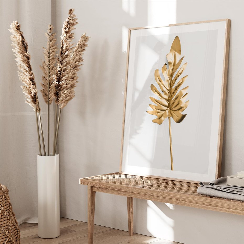 Plakat w ramie 30x40 - Ponadczasowy Urok - złote, liście - rama drewno