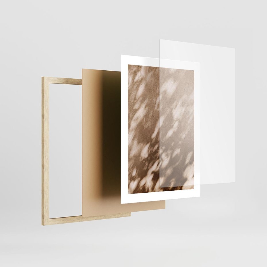 Plakat w ramie 30x40 - Abstrakcyjna Kompozycja: Cień na Ścianie - cień na ścianie, beżowe kolory - rama drewno