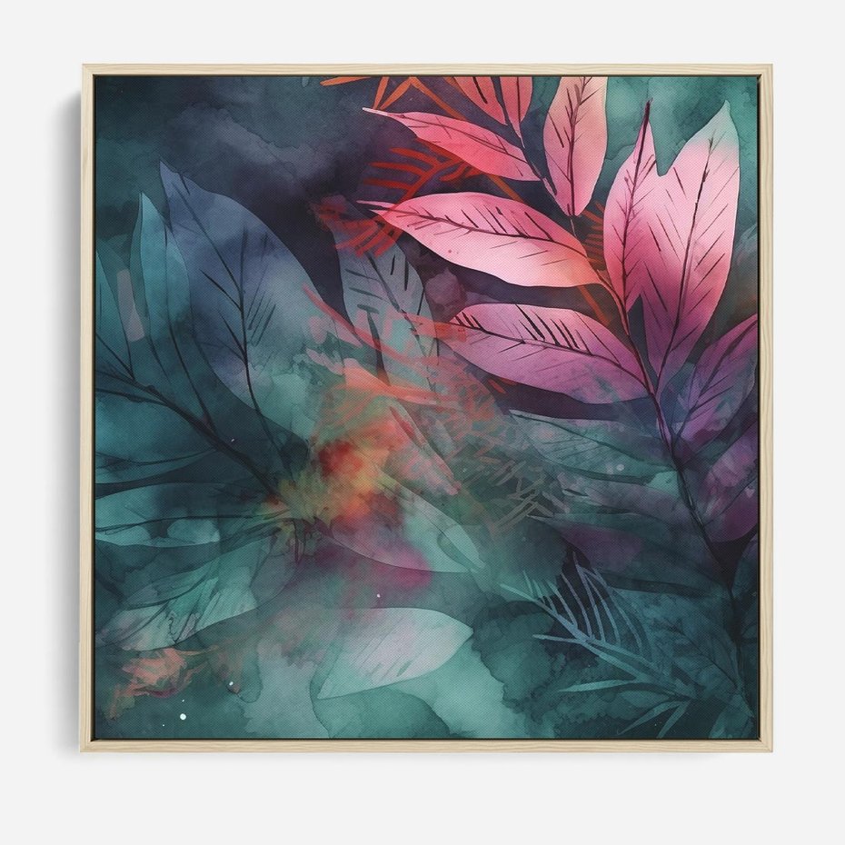 Obraz w ramie 50x50 - Subtelne Zielone - pastelowe zielone liście, róż - rama drewno