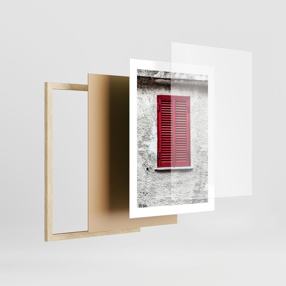 Plakat w ramie 30x40 - Okno z Czerwonymi Okiennicami - stare okno, kamienica - rama drewno