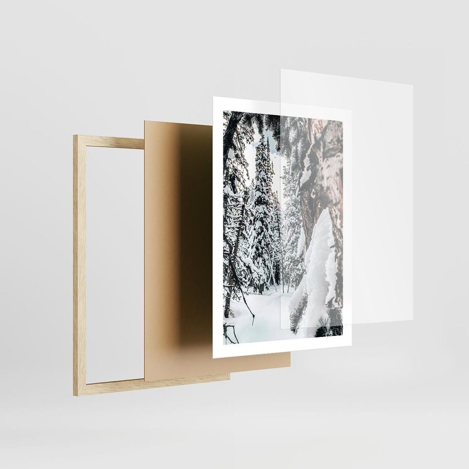 Plakat w ramie 50x70 - Drzewa pod Śniegiem - zima las, drzewa pod śniegiem - rama drewno