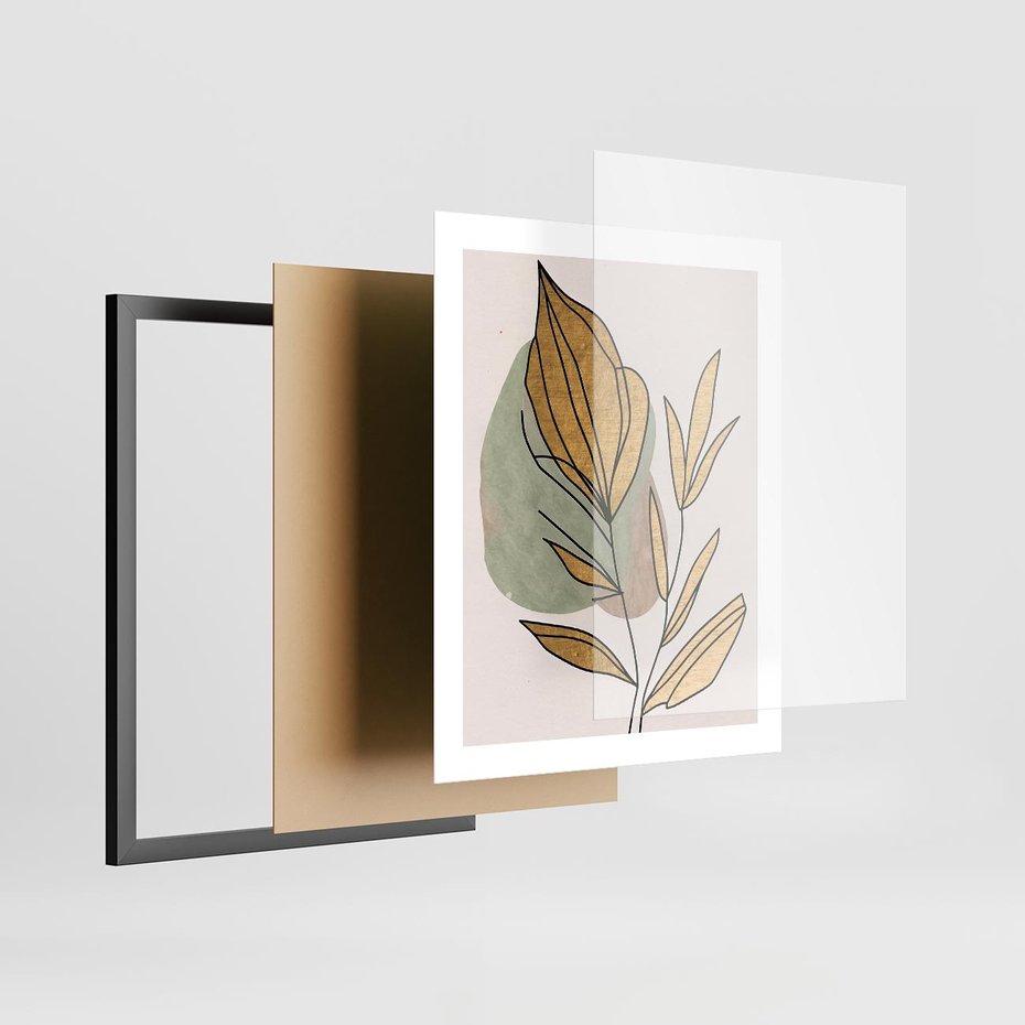 Plakat w ramie 40x50 - Rozkwitające Wnętrza Światła - abstrakcyjny obraz boho, liście - rama czarna