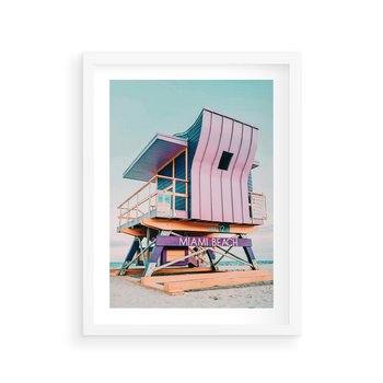 Plakat w ramie 30x40 - Miami Beach - plaża miami, domek ratownika - rama biała