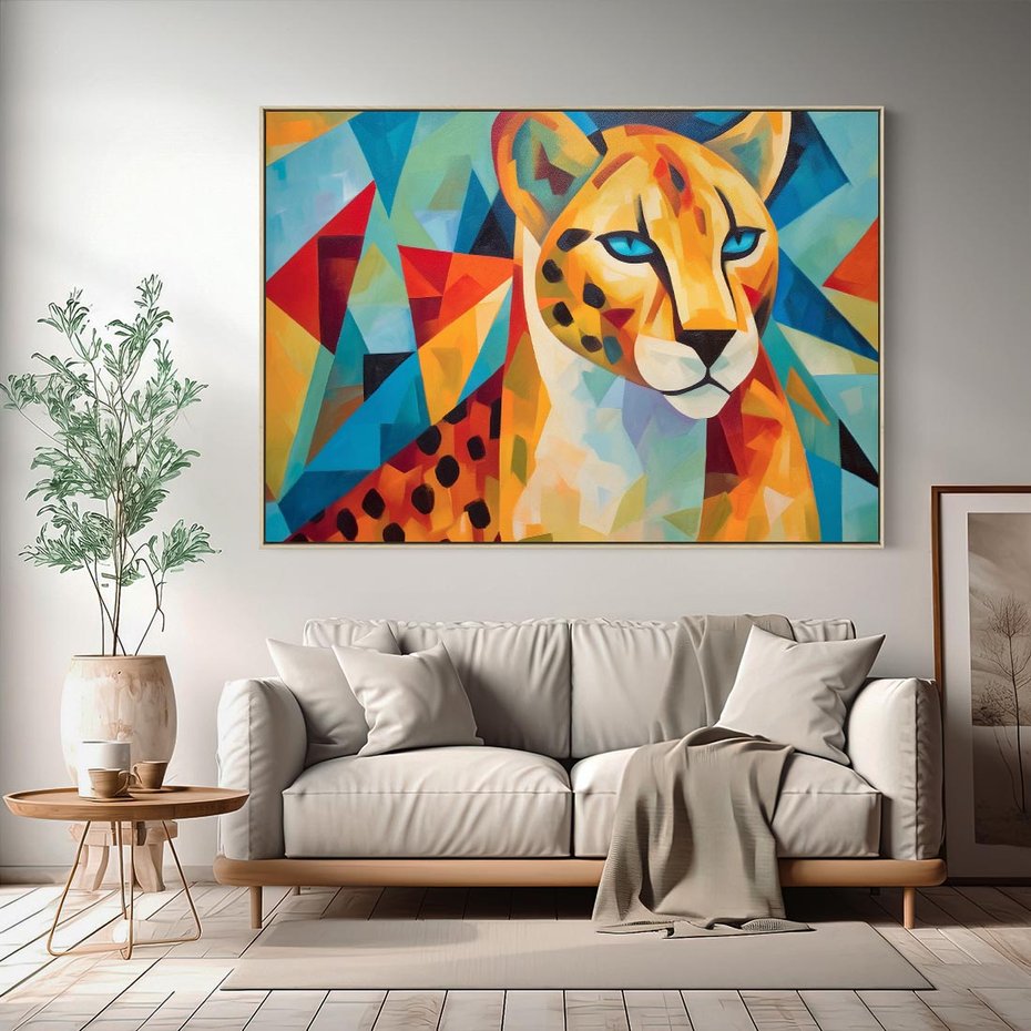 Obraz w ramie 70x50 - Dzikie Piękno - abstrakcyjny portret geparda, intensywne kolory - rama drewno