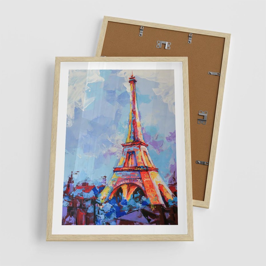 Plakat w ramie 50x70 - Paryska Wieża - olejny abstrakcyjny obraz, wieża eiffla - rama drewno