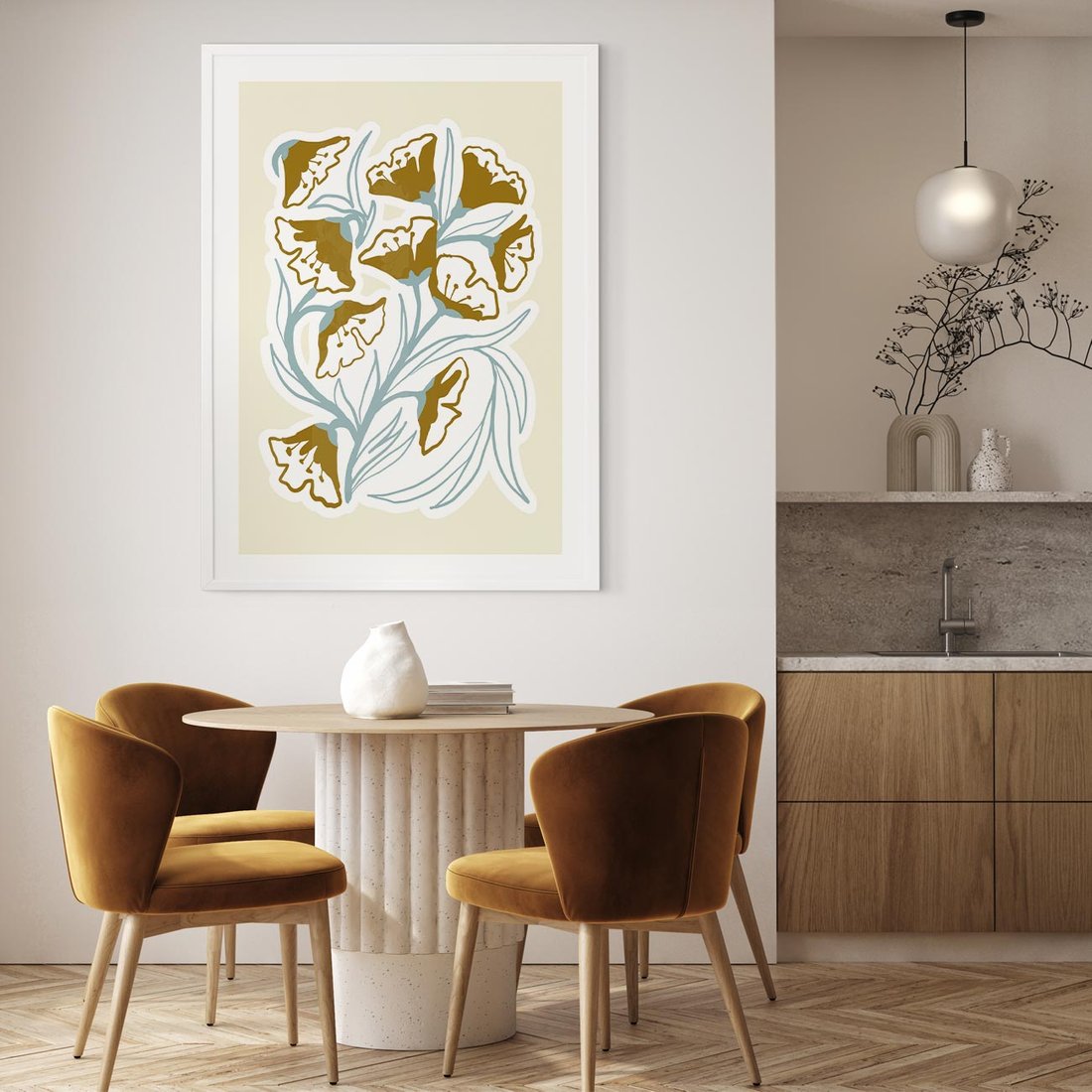 Plakat bez ramy 30x40 - Wibracje Widzenia - abstrakcyjne beżowe kwiaty, elegancka kompozycja