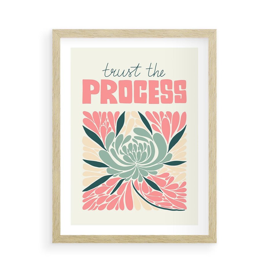 Plakat w ramie 50x70 - Rozbijające Barwy - abstrakcyjny pastelowy kwiat, wyrazista typografia - rama drewno