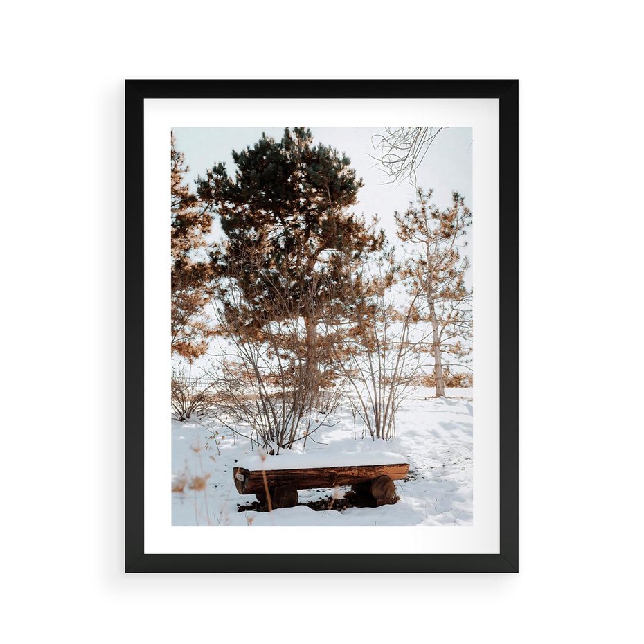 Plakat w ramie 40x50 - Ławka Pod Śniegiem - zimowy pejzaż, ławka pod śniegiem - rama czarna