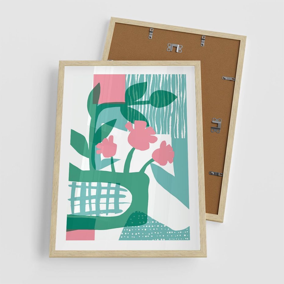 Plakat w ramie 50x70 - Harmonijne Plamy - abstrakcyjne pastelowe kwiaty, nowoczesna sztuka - rama drewno