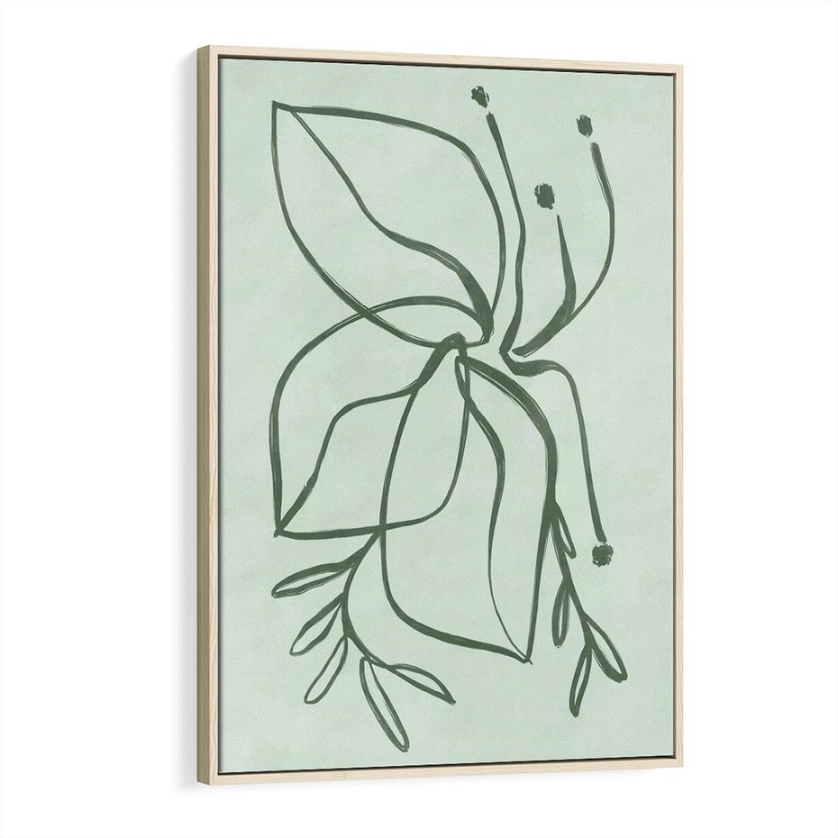 Obraz w ramie 70x100 - Energetyczne Odrodzenie Natury - abstrakcyjne delikatne zielone linie, podobne do gałęzi kwiatów - rama drewno