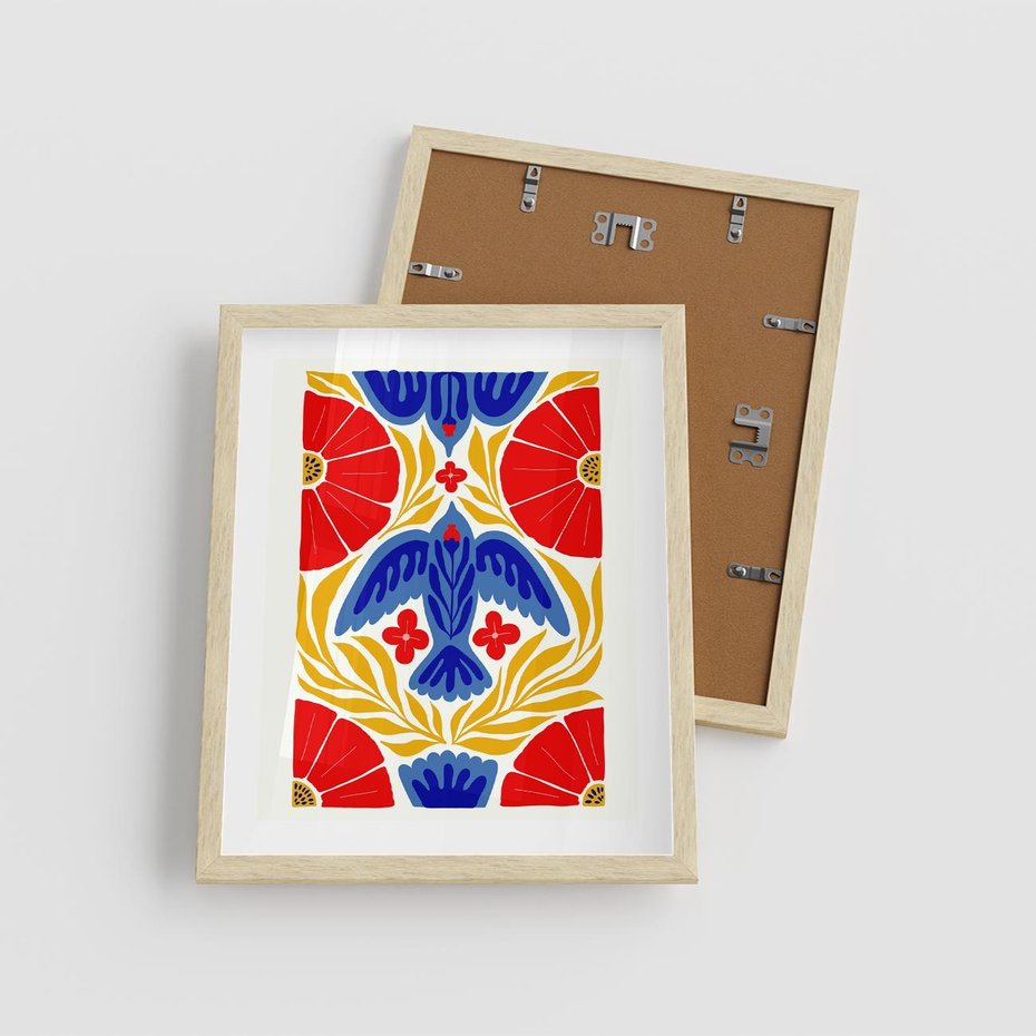 Plakat w ramie 40x50 - Eklektyczny Majestat - wyrazista grafika, mocne kolory czerwień niebieski żółty - rama drewno