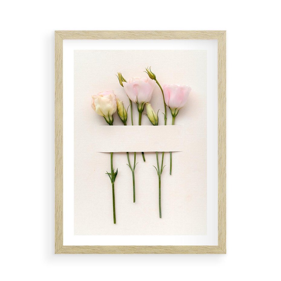 Plakat w ramie 50x70 - Białe kwiatowe uniesienia - białe, kwiaty - rama drewno