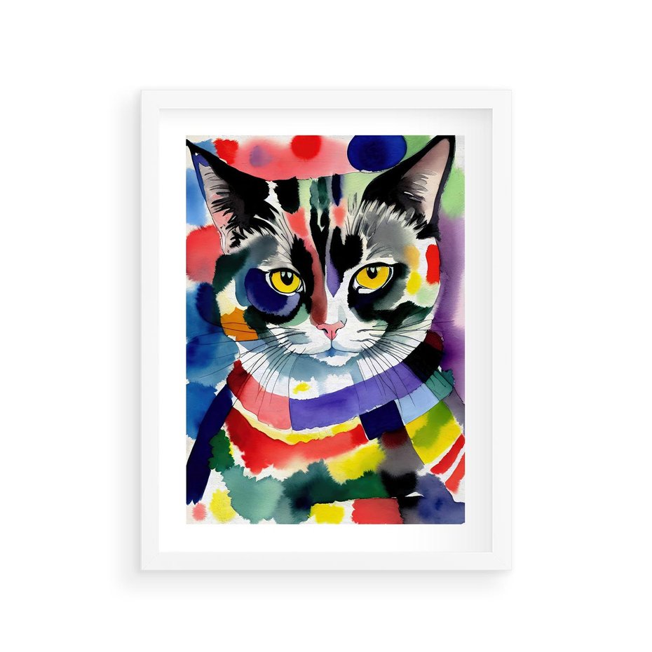 Plakat w ramie 30x40 - Koci Przyjaciel - abstrakcyjny obraz, akwarela - rama biała