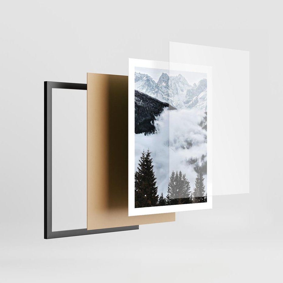 Plakat w ramie 50x70 - Zimowa Magia Gór: Śnieżne Szczyty - grajobraz górski, zima - rama czarna