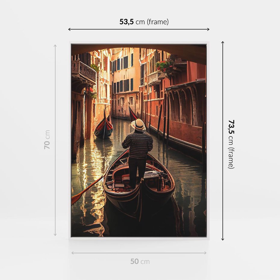 Obraz w ramie 50x70 - Spokojna Wenecja - gondolier w gondoli, kanały Wenecji - rama biała