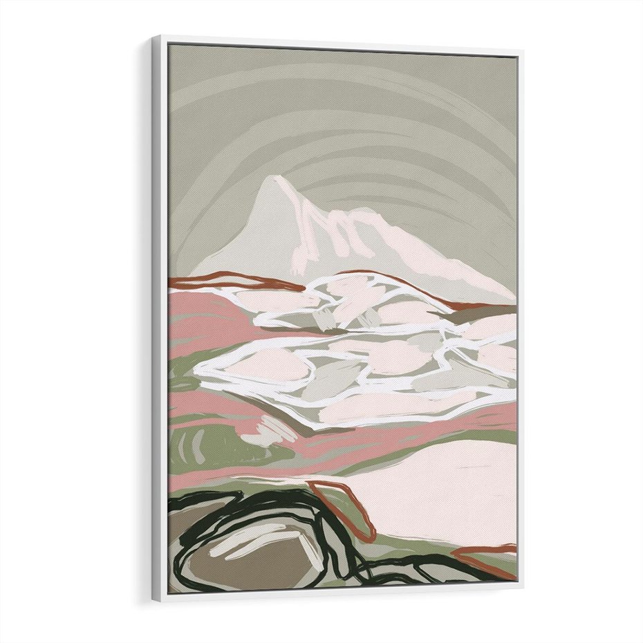 Obraz w ramie 70x100 - Szarawe Wzgórza - pastelowy krajobraz, nowoczesny plakat - rama biała