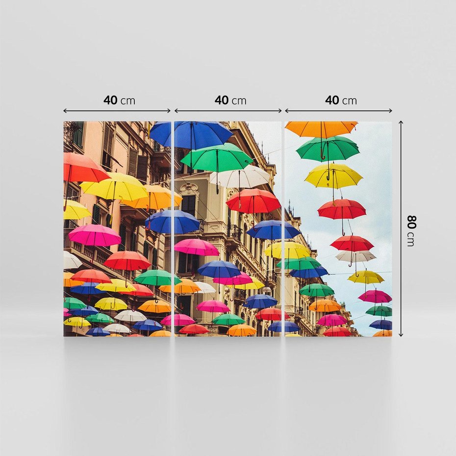 Obraz na płótnie 120x80 - Barwna symfonia wyobraźni - fotografia, kolorowe parasolki podwieszone nad ulicą