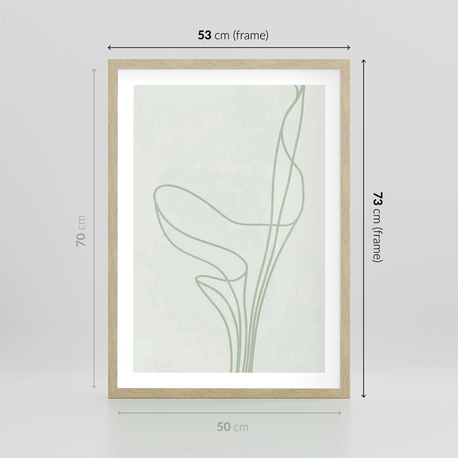 Plakat w ramie 50x70 - Zielona Równowaga Linii - abstrakcyjne delikatne zielone linie, nowoczesny plakat - rama drewno