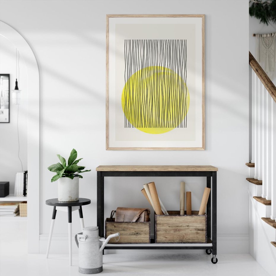 Plakat w ramie 50x70 - Ciepłe Przenikanie - geometria, żółte koło - rama drewno