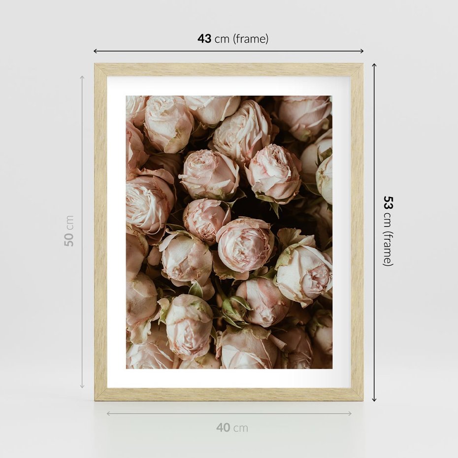 Plakat w ramie 40x50 - Róże i Różowe Kwiaty w Kompozycji - róże, różowe kwiaty - rama drewno