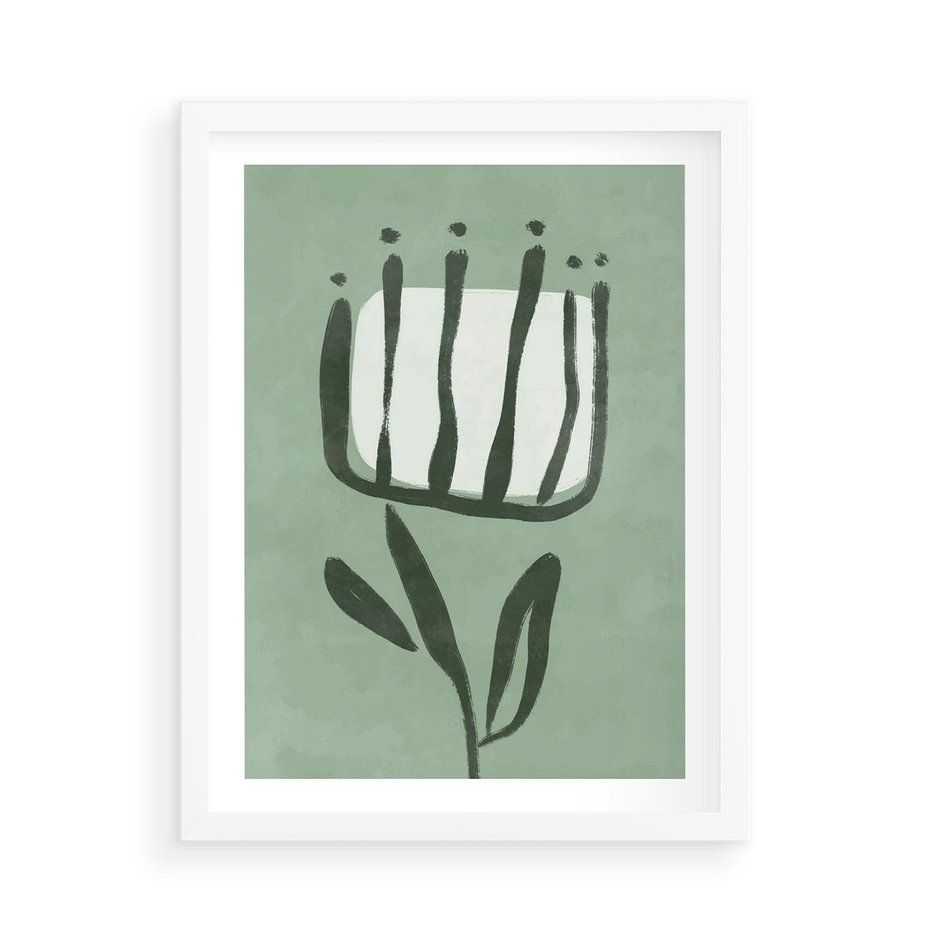 Plakat w ramie 50x70 - Objęcia Zieleni - zielona abstrakcja, zgaszona zieleń - rama biała