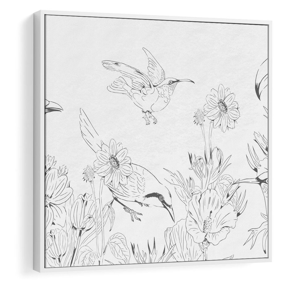 Obraz w ramie 50x50 - Tropiki w Monochromie - czarno biały szkic, tropikalne ptaki - rama biała
