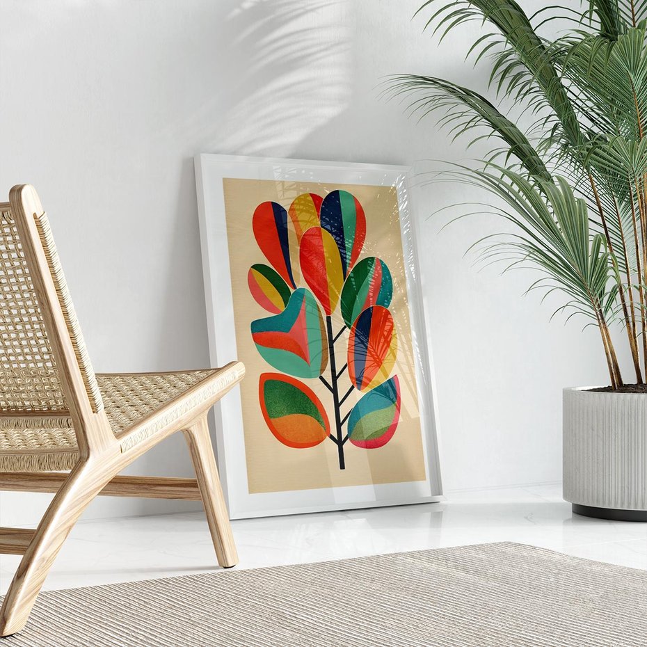Plakat w ramie 50x70 - Wnętrza Kształtów - abstrakcyjny kolorowy tęczowy obraz, inspiracje roślinne - rama biała