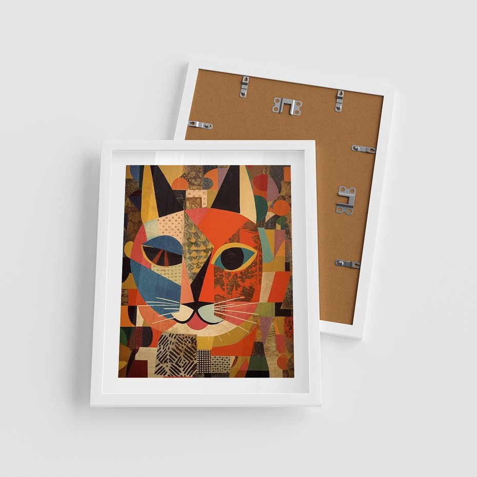 Plakat w ramie 40x50 - Impresje Nieznanych Odniesień - abstrakcyjny obraz olejny, kot - rama biała