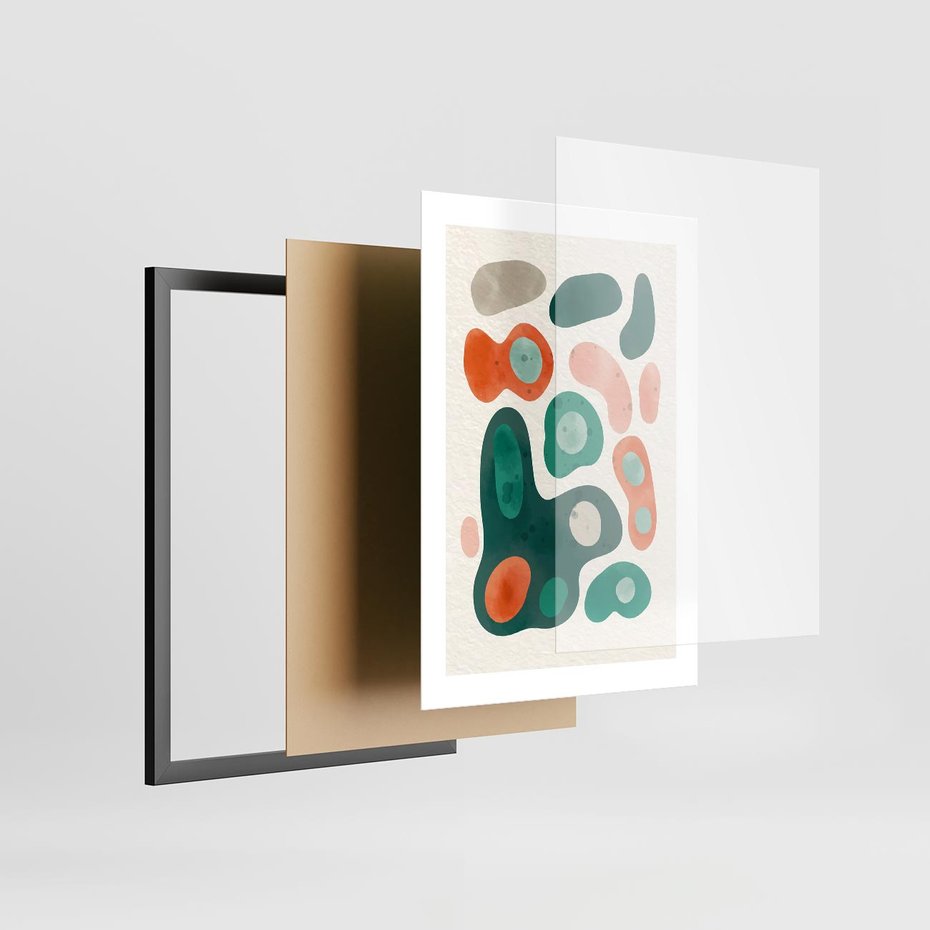 Plakat w ramie 30x40 - Kolorowe Przenikanie - przypadkowe abstrakcyjne plamy, pomarańczowy i zielony - rama czarna